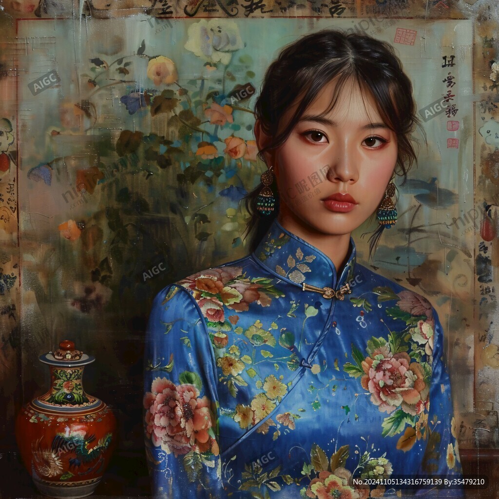油画旗袍女