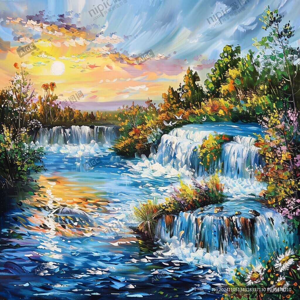 山水风景油画瀑布