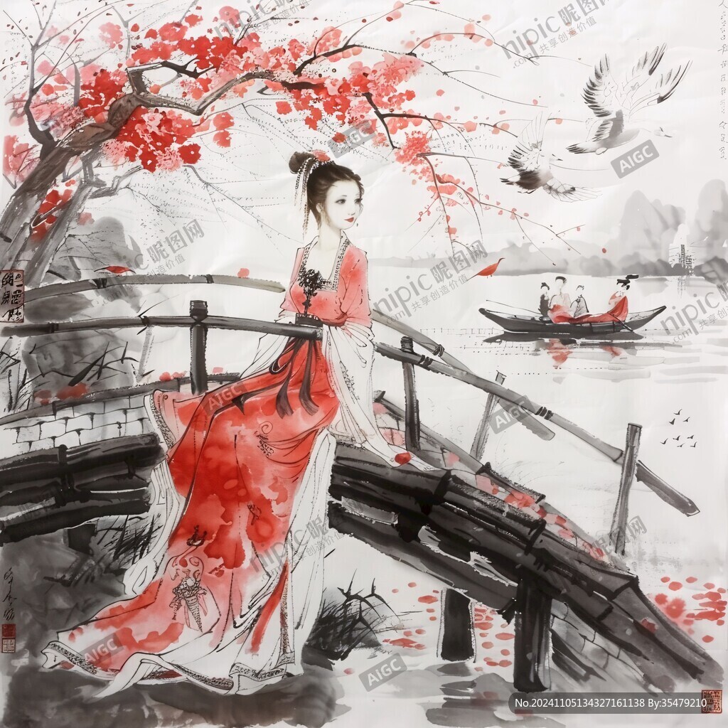 手绘美女红梅图