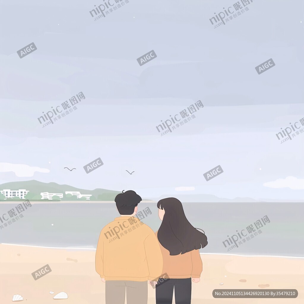 手绘看海的情侣插画