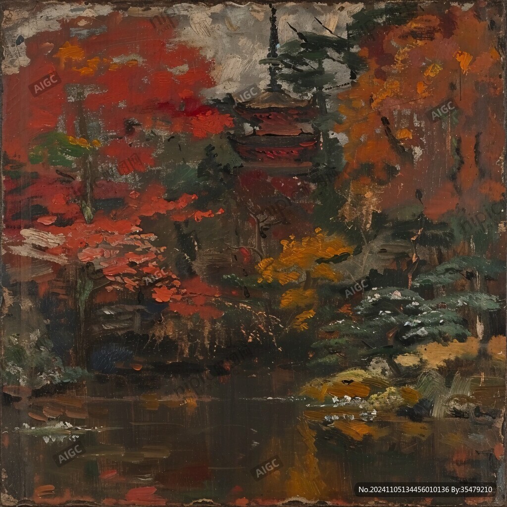 红枫树油画