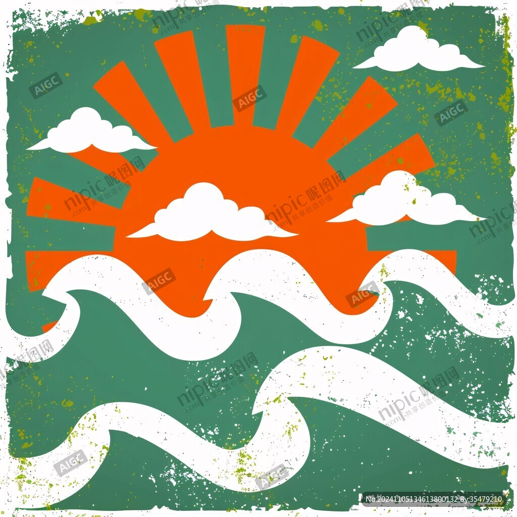 手绘海浪旭日东升