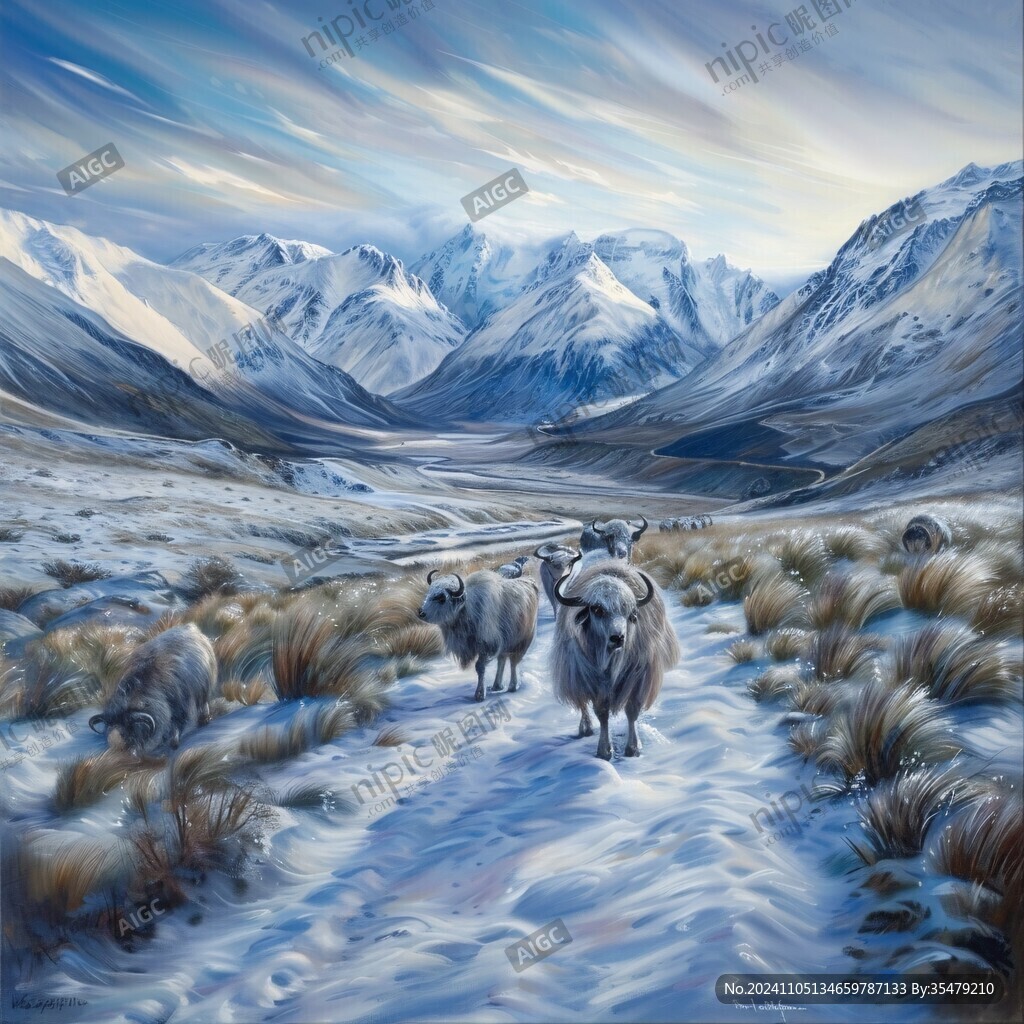 胡杨林牛群雪山油画