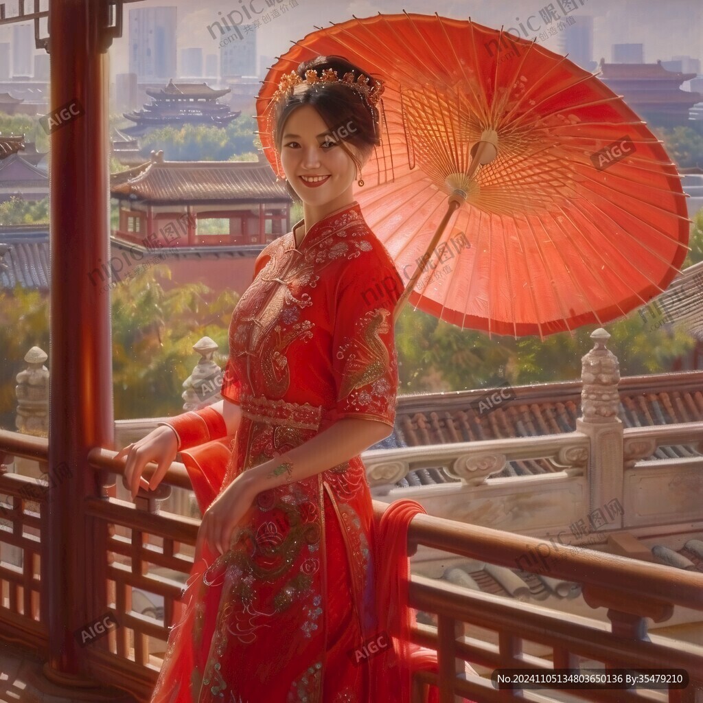 拿着油纸伞的女人蜡像
