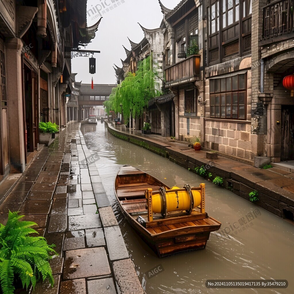 雨天古镇河道