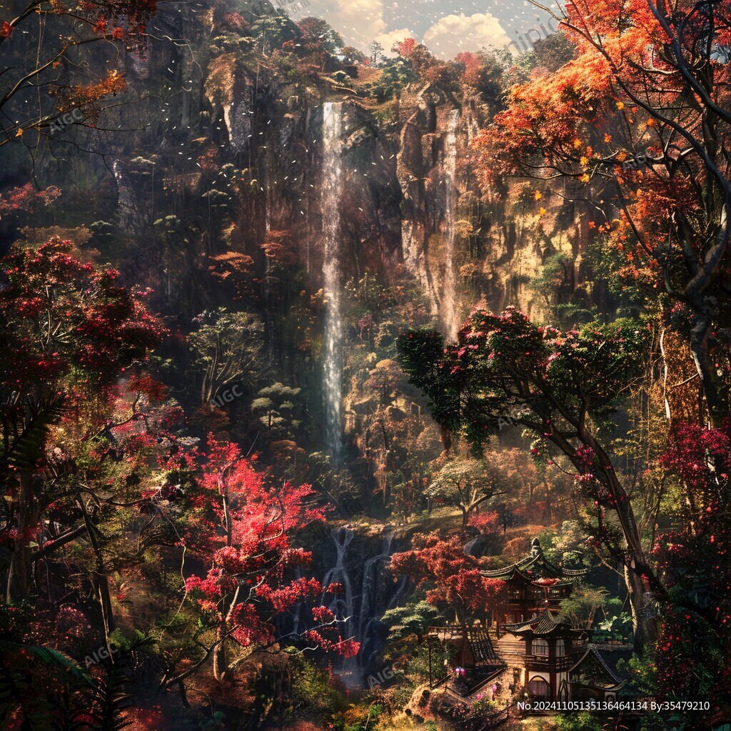 山水风景油画瀑布