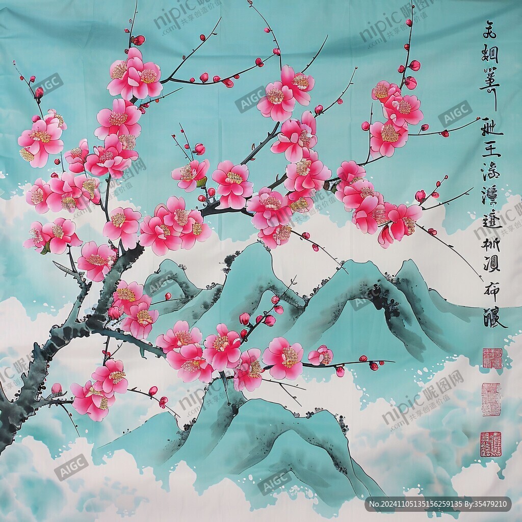 工笔红梅山水画