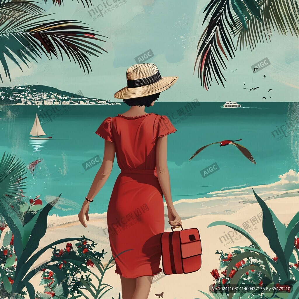 夏天看海美女背影插画