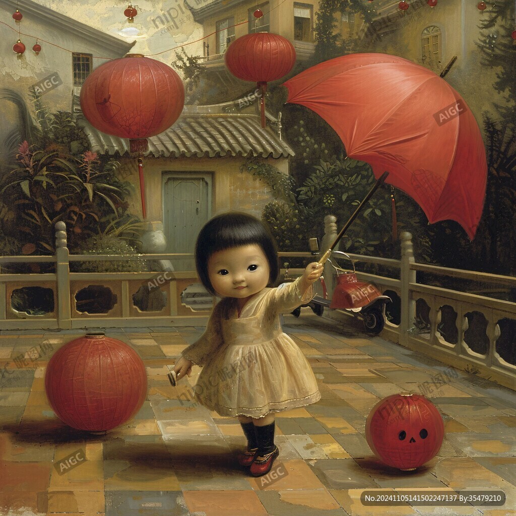 撑油纸伞的小女孩