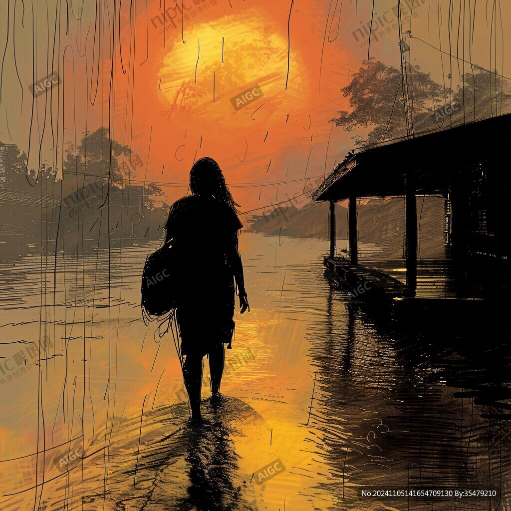 夜雨赶路的女人