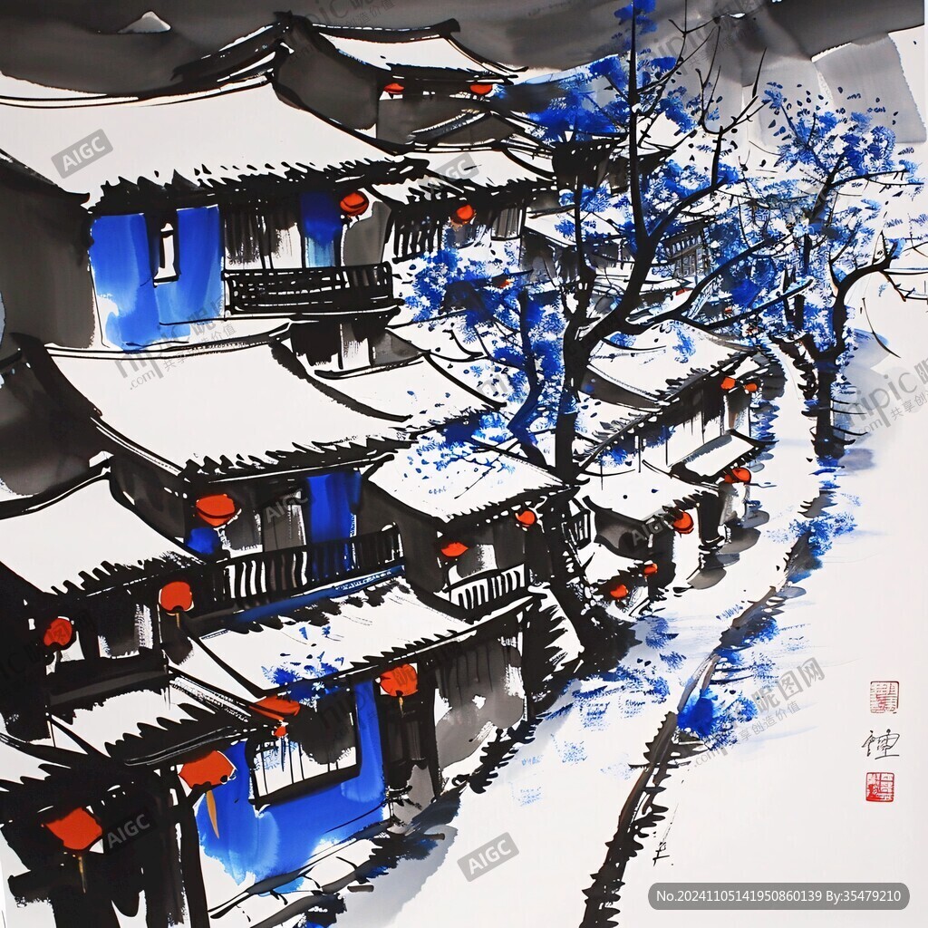 古镇冬季装饰画