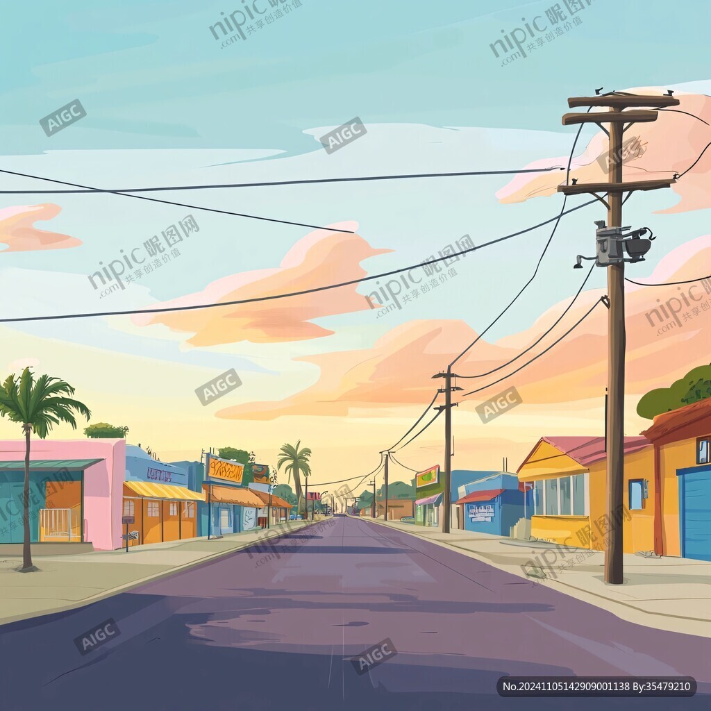 日落街道插画