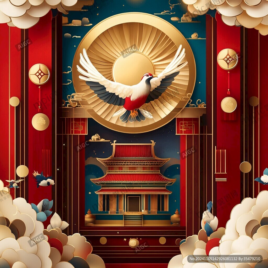 国潮迎客松阁楼仙鹤