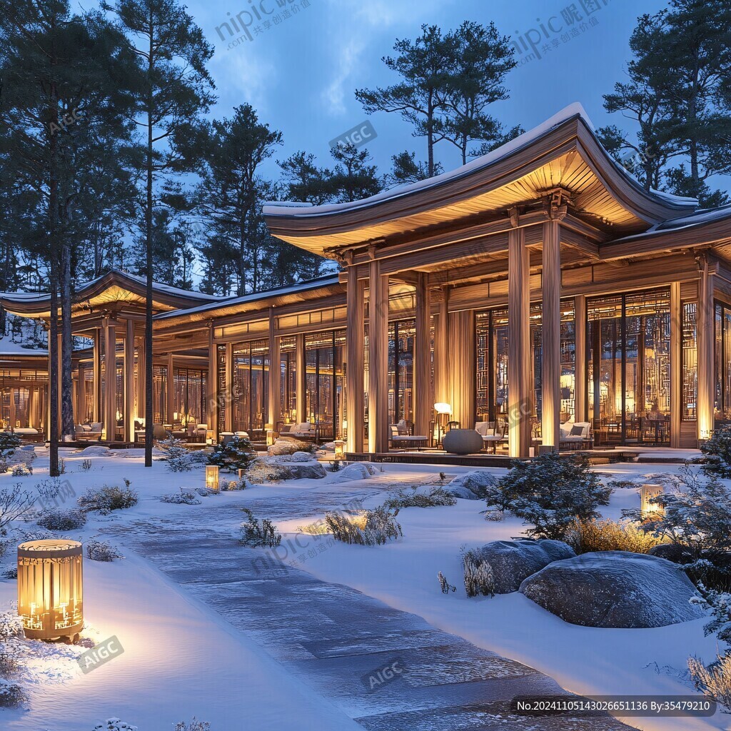 新中式园林景观雪景