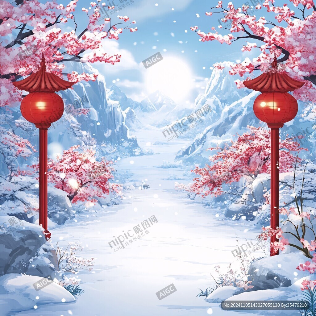 飘雪雪花雪景灯笼
