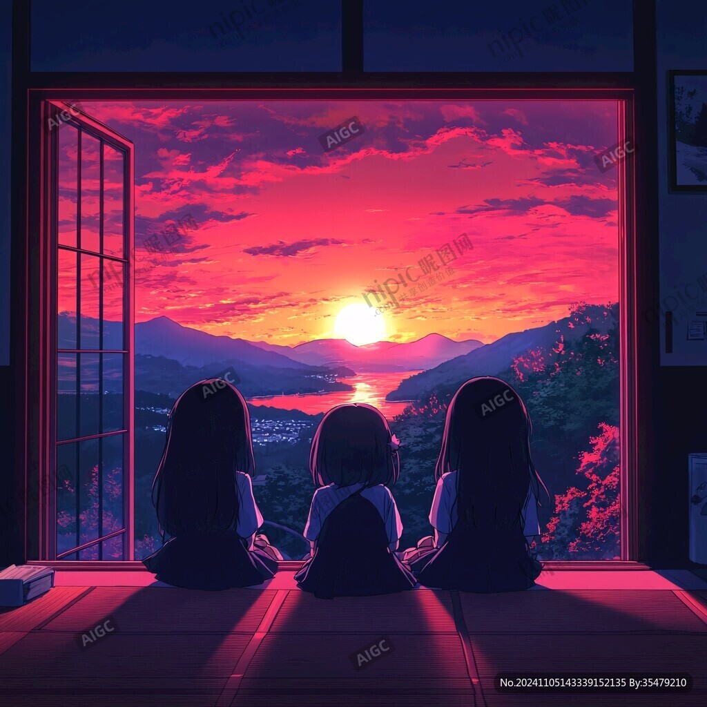 女学生夕阳下插画