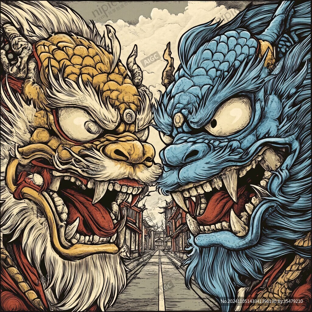 国潮狮线稿
