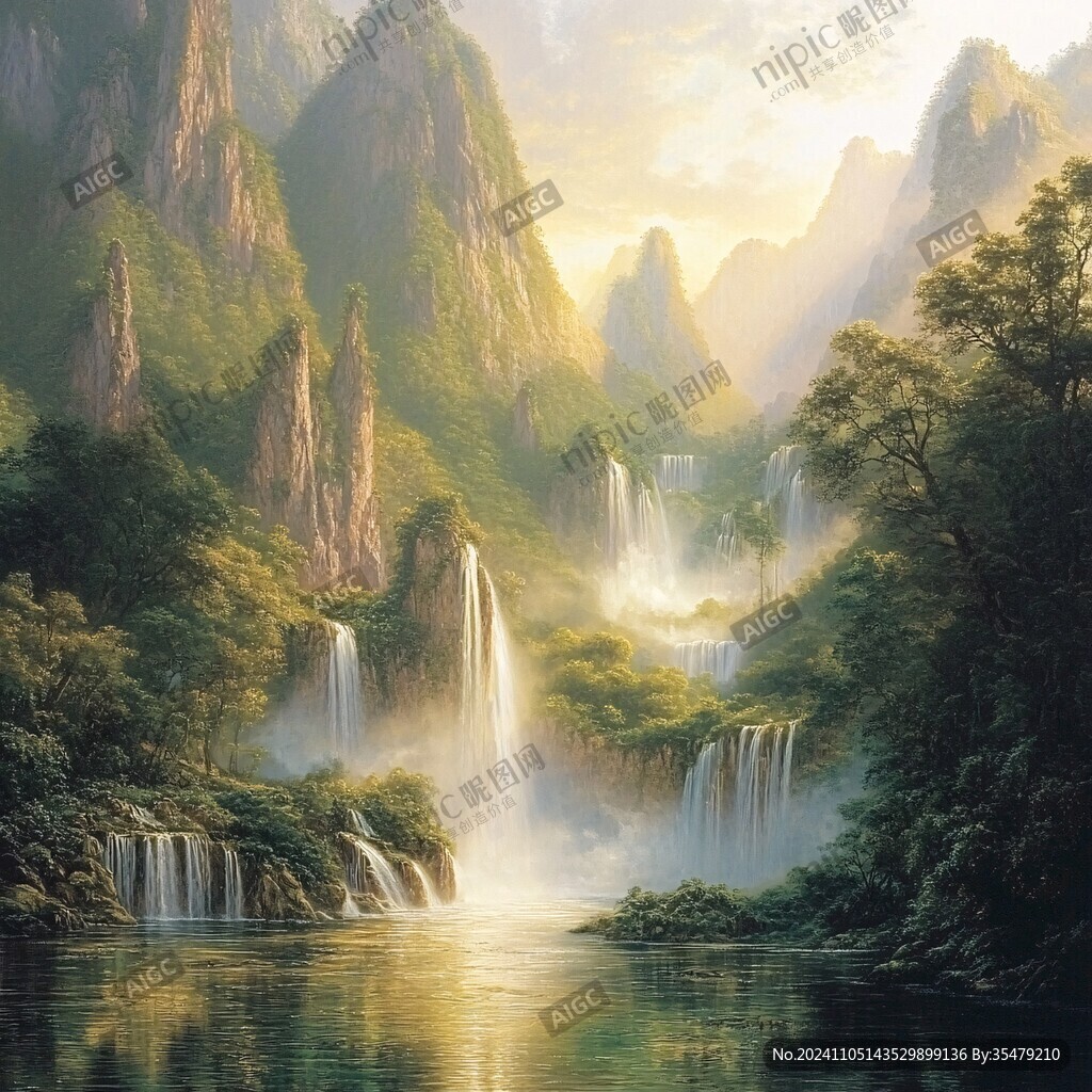 山水风景油画瀑布