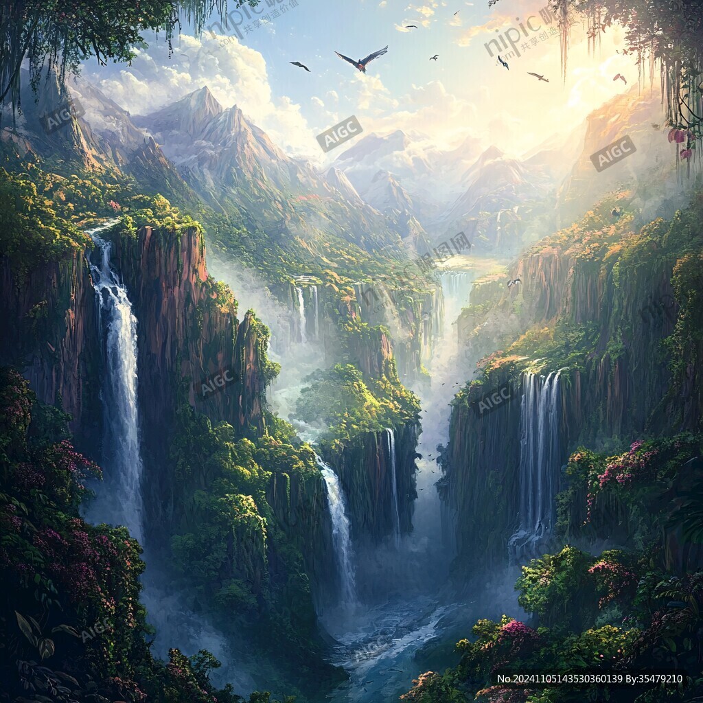 山水风景油画瀑布