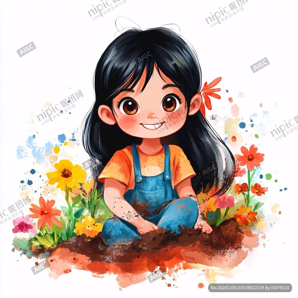 怡然自得的小女孩插画
