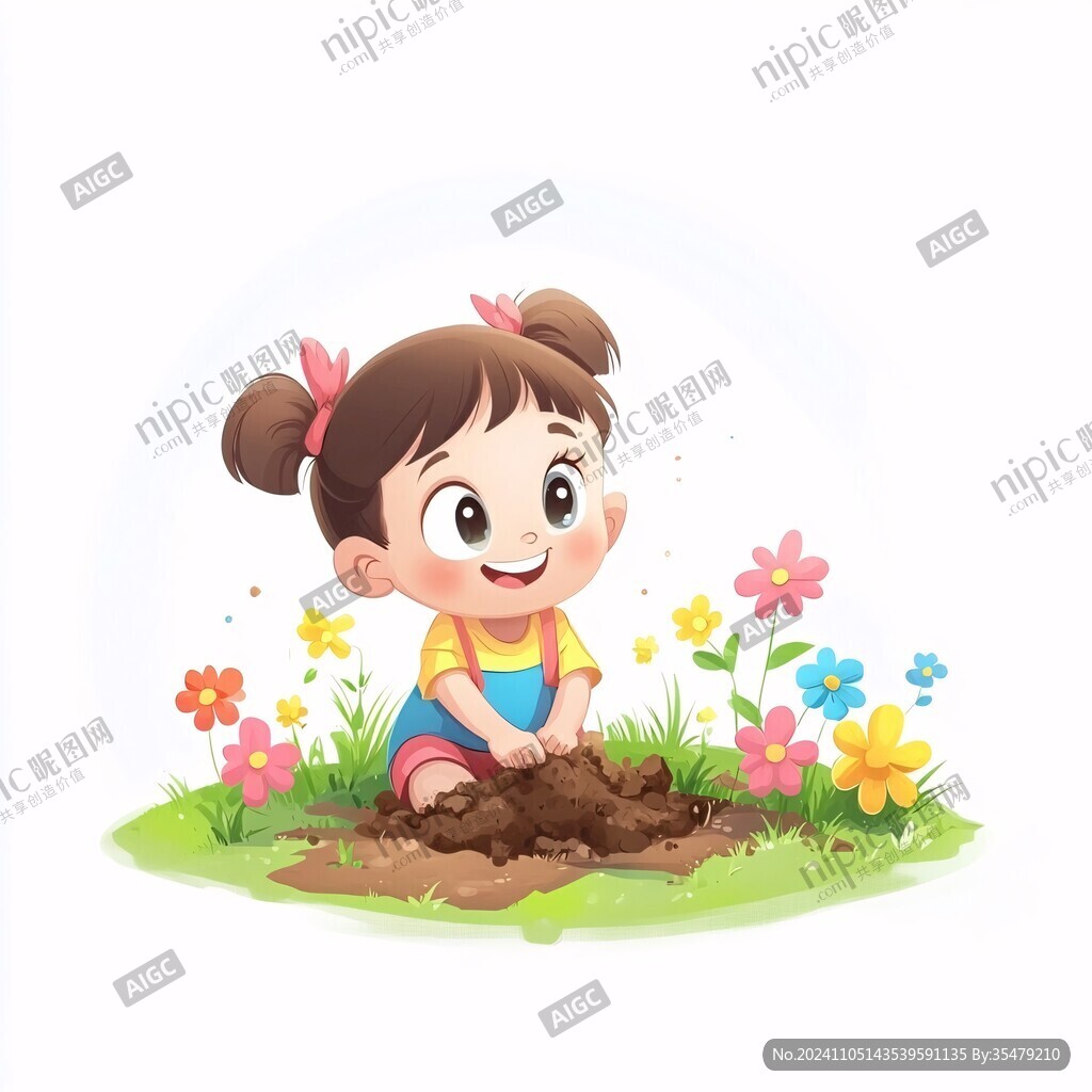 采花的小女孩插画
