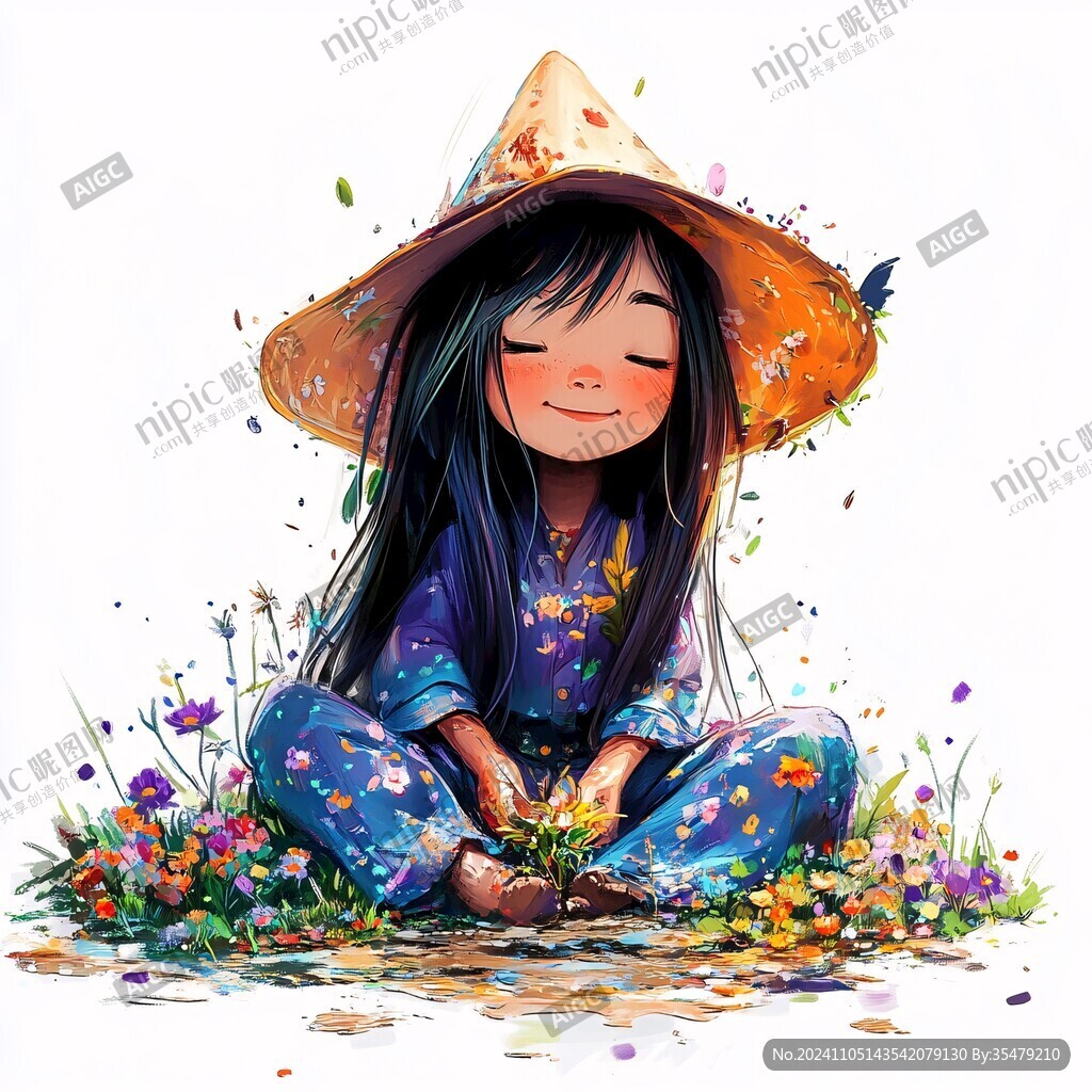 怡然自得的小女孩插画