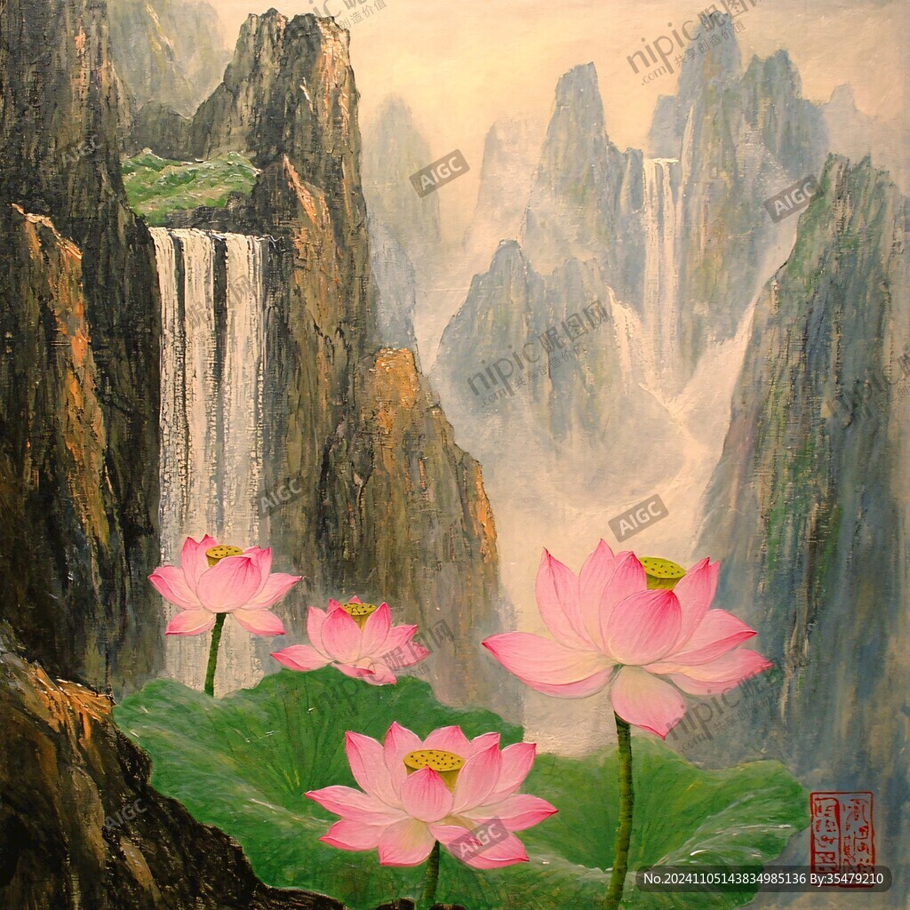 巨幅山水画现代莲花画