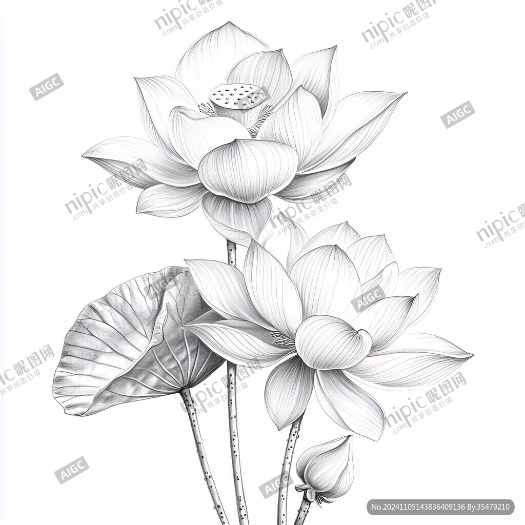 荷花手绘黑白