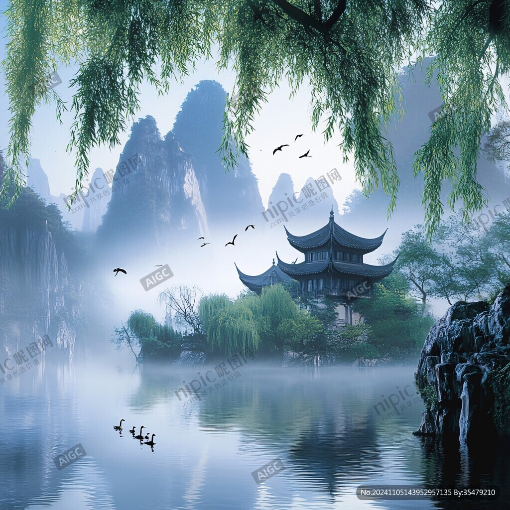 楼阁山水意境画
