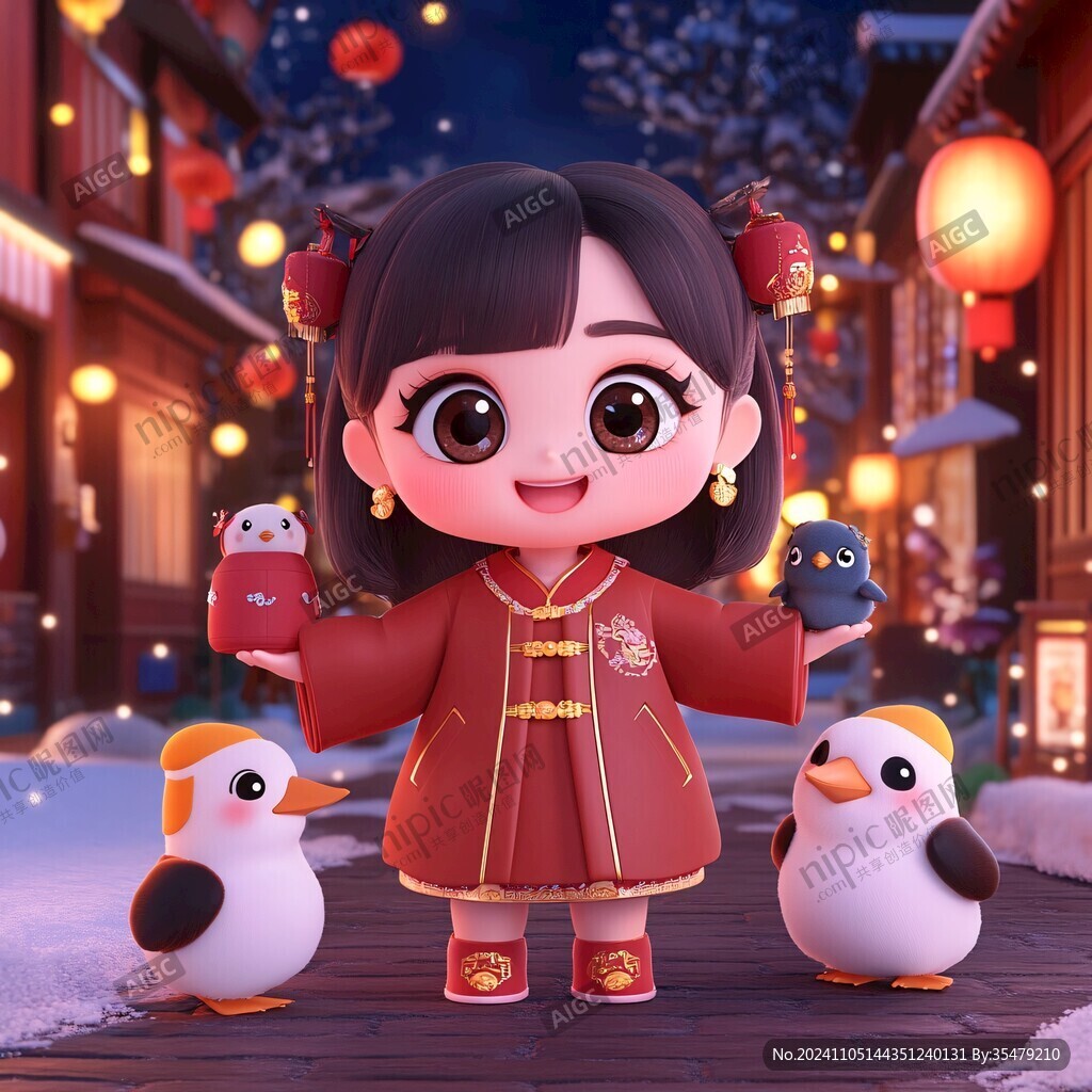 古风汉服q版女孩过年