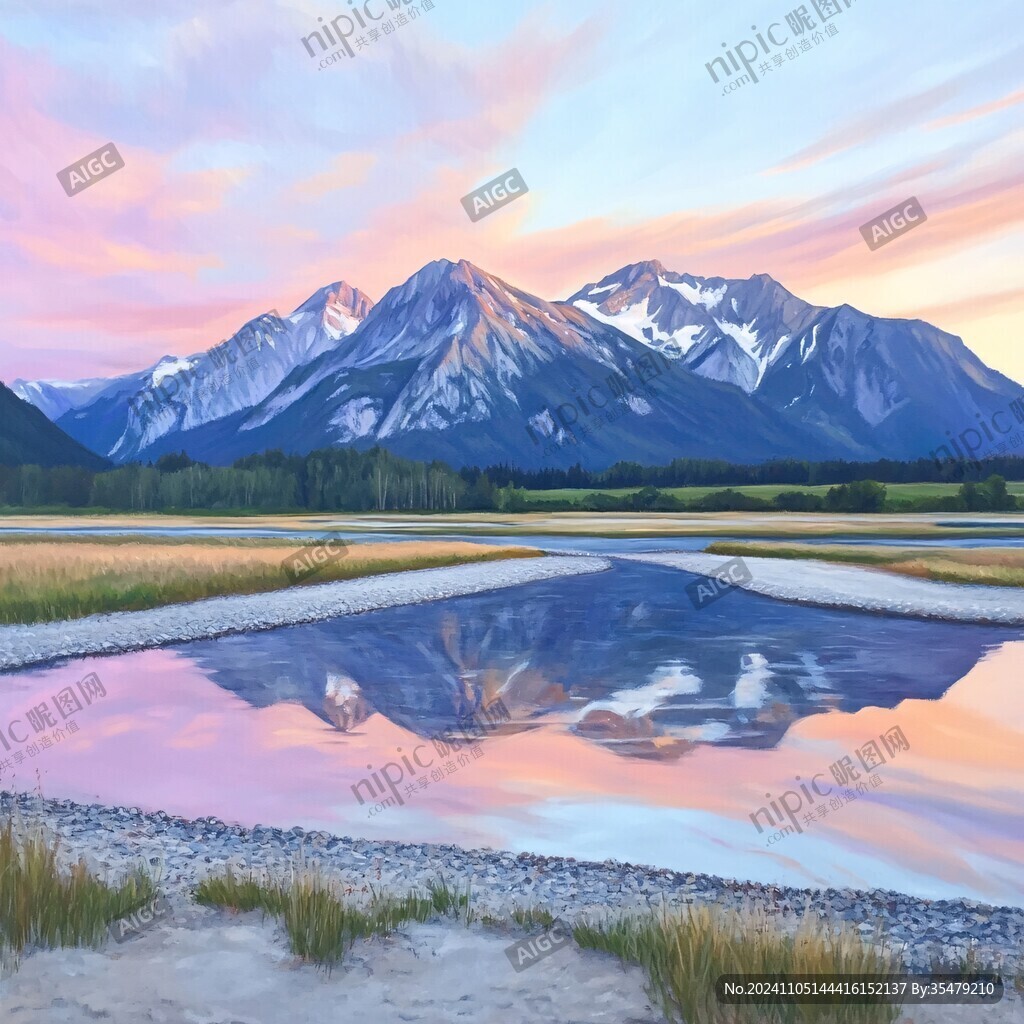 霞光远山倒影剪影湖面