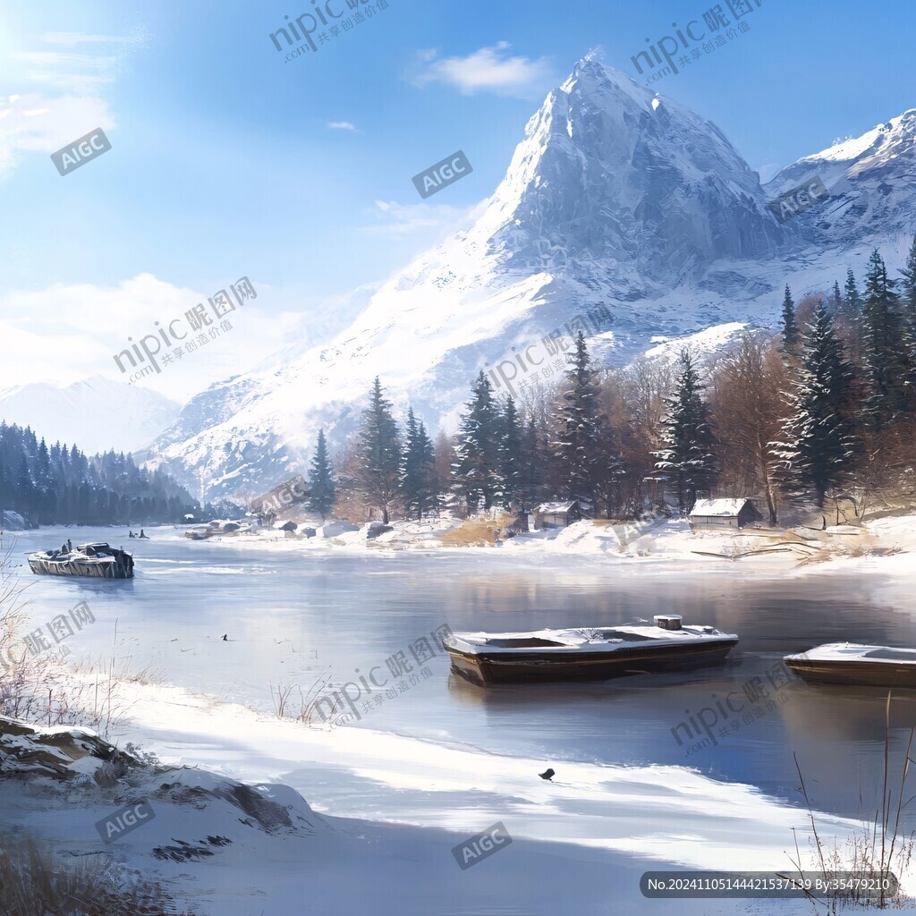 雪山渔舟河流山峰环保