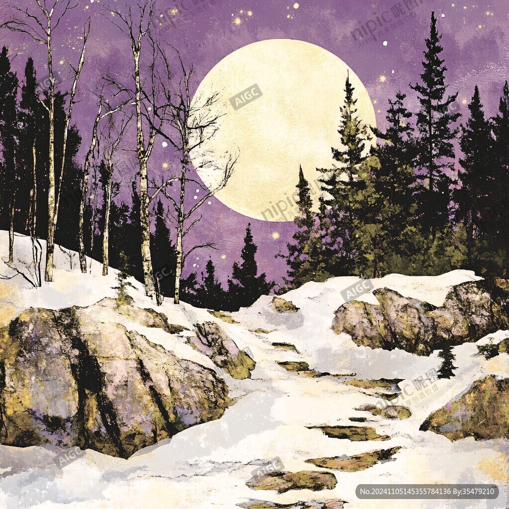 手绘雪夜风景无框画