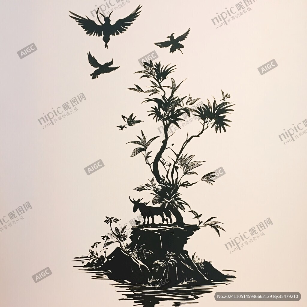 麻雀喜鹊竹子假山