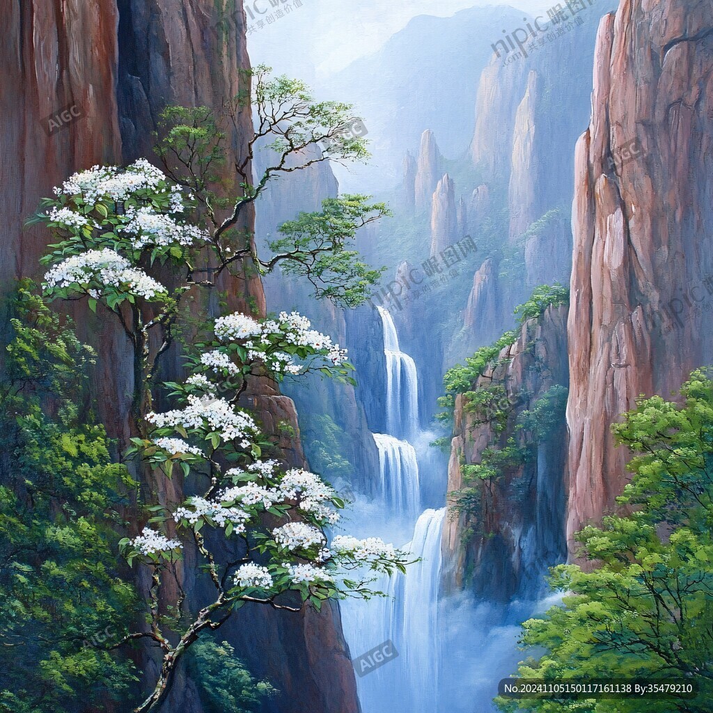 山水风景油画瀑布