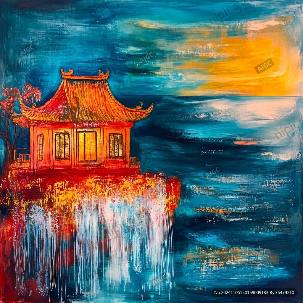 古风亭台楼阁油画