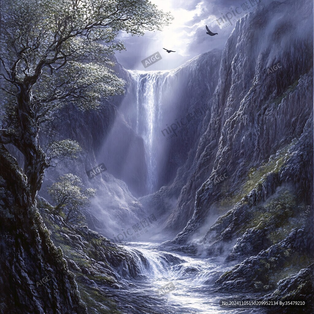 山水风景油画瀑布