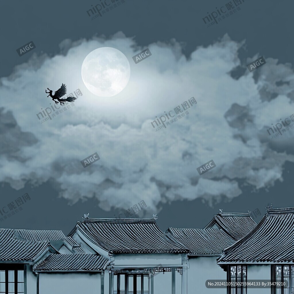 古代卡通房子月亮云彩