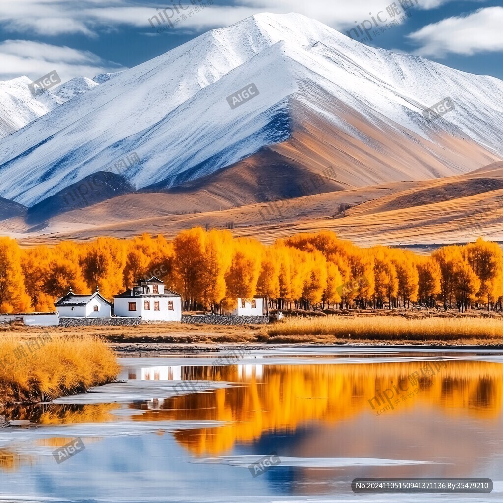 雪山湖水胡杨林金色