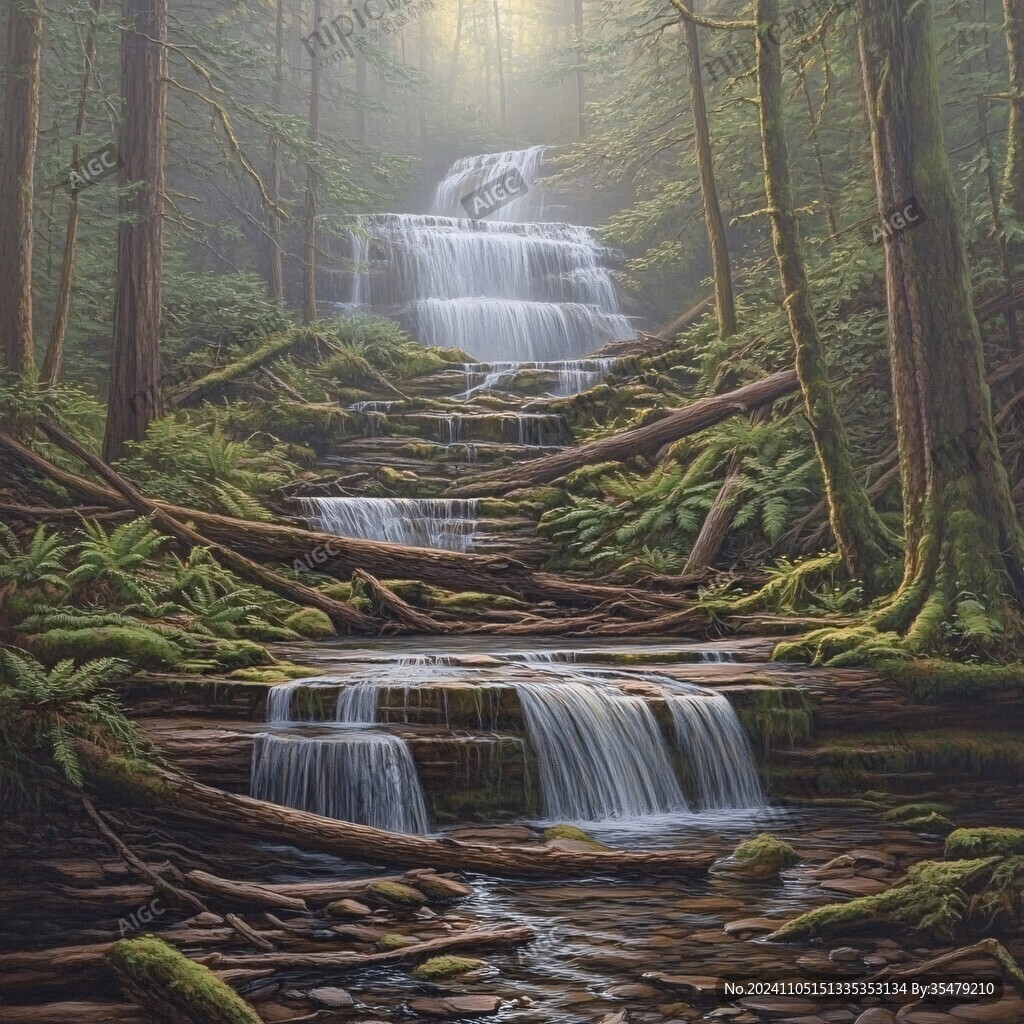 山水风景油画瀑布