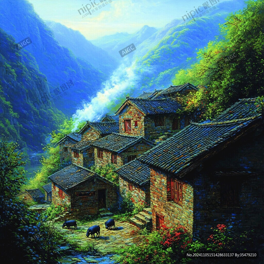 装饰画无框画山脚民居