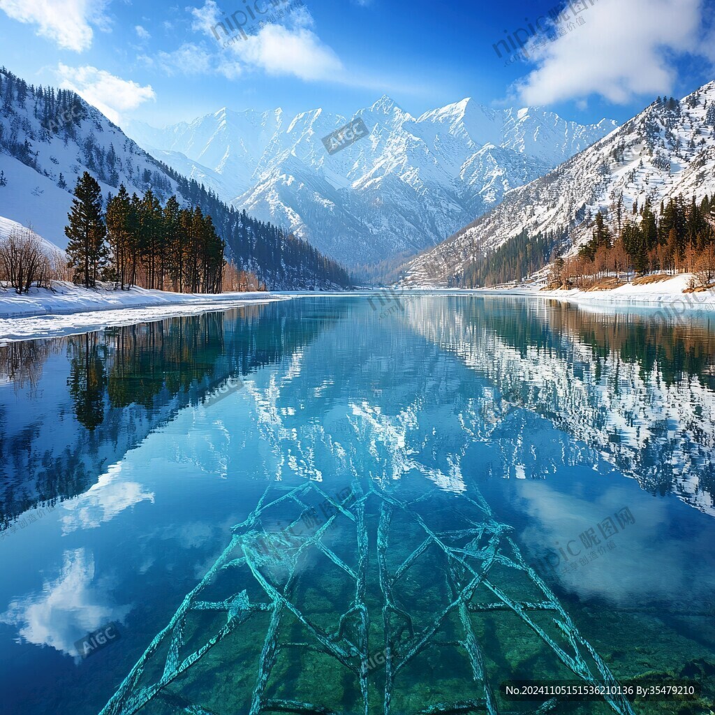 湖泊倒影雪山蓝天白云