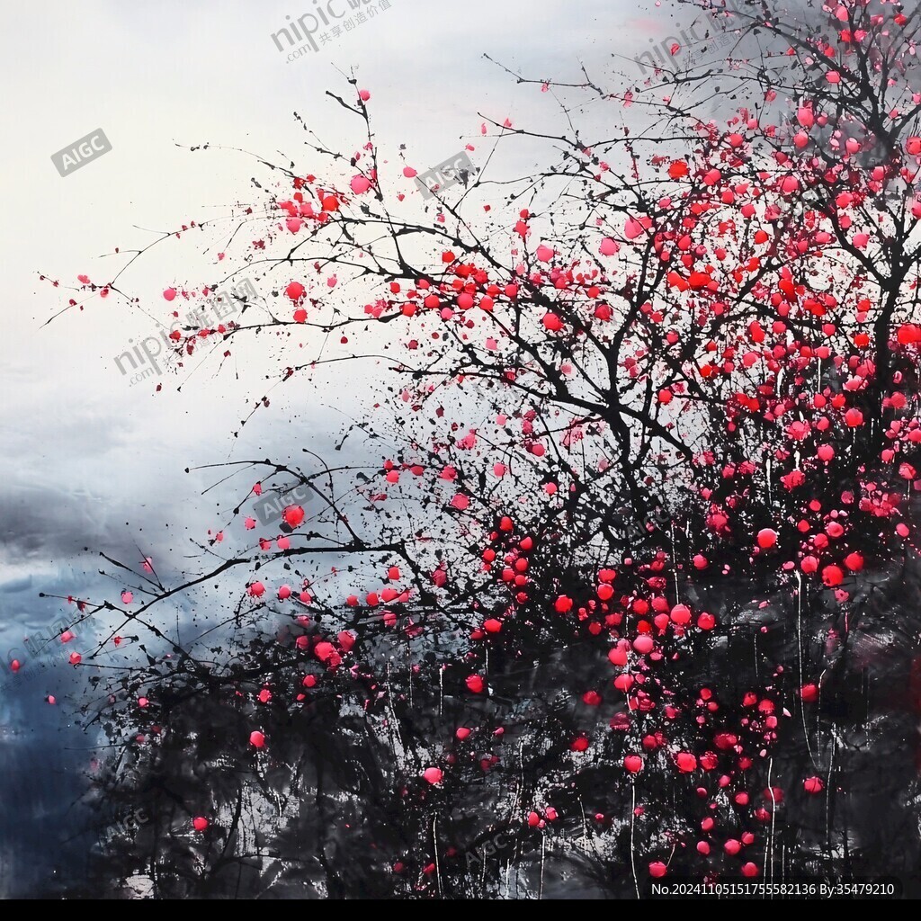 枝头红花抽象油画