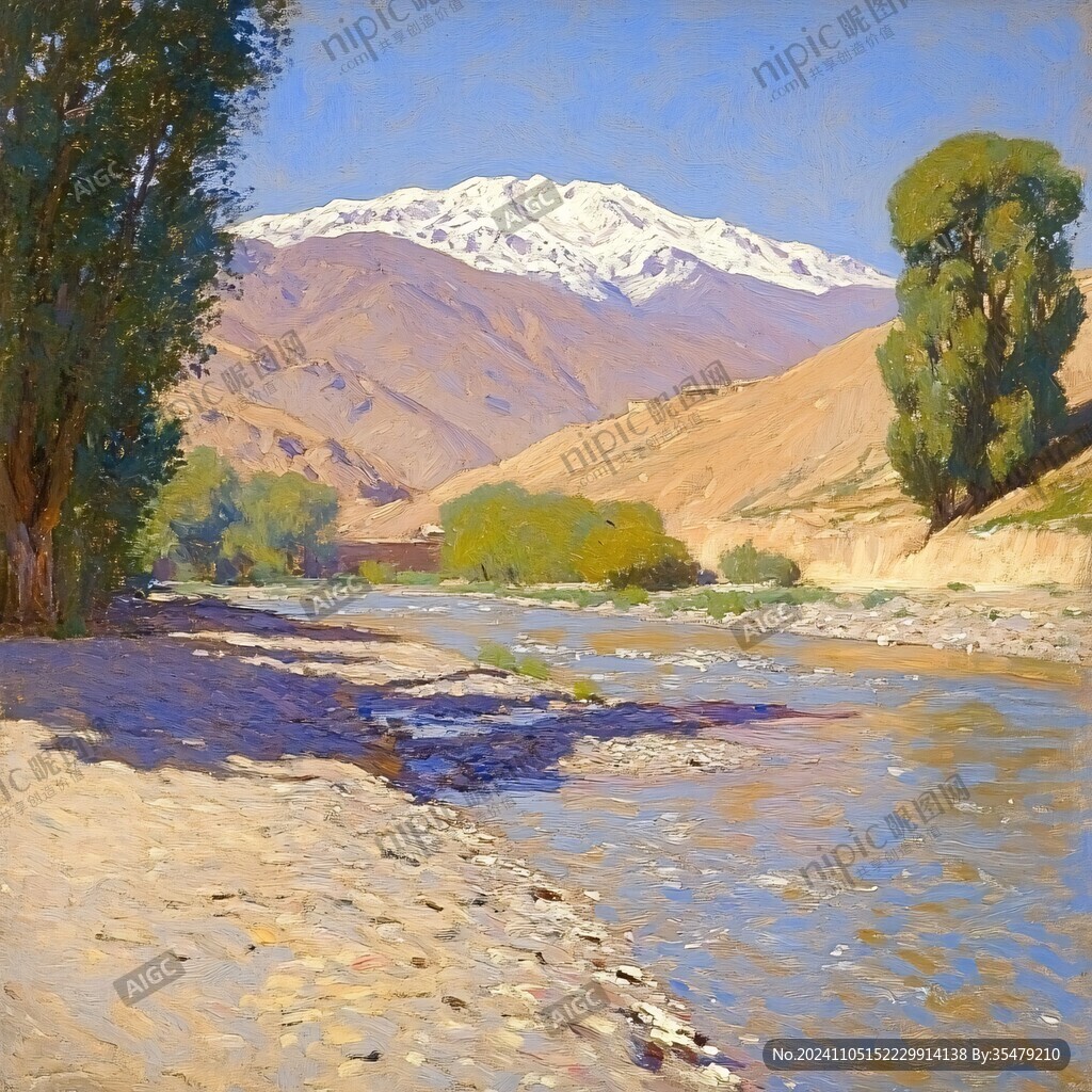 雪山河流油画