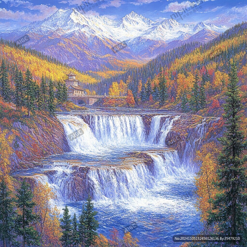 山水风景油画瀑布