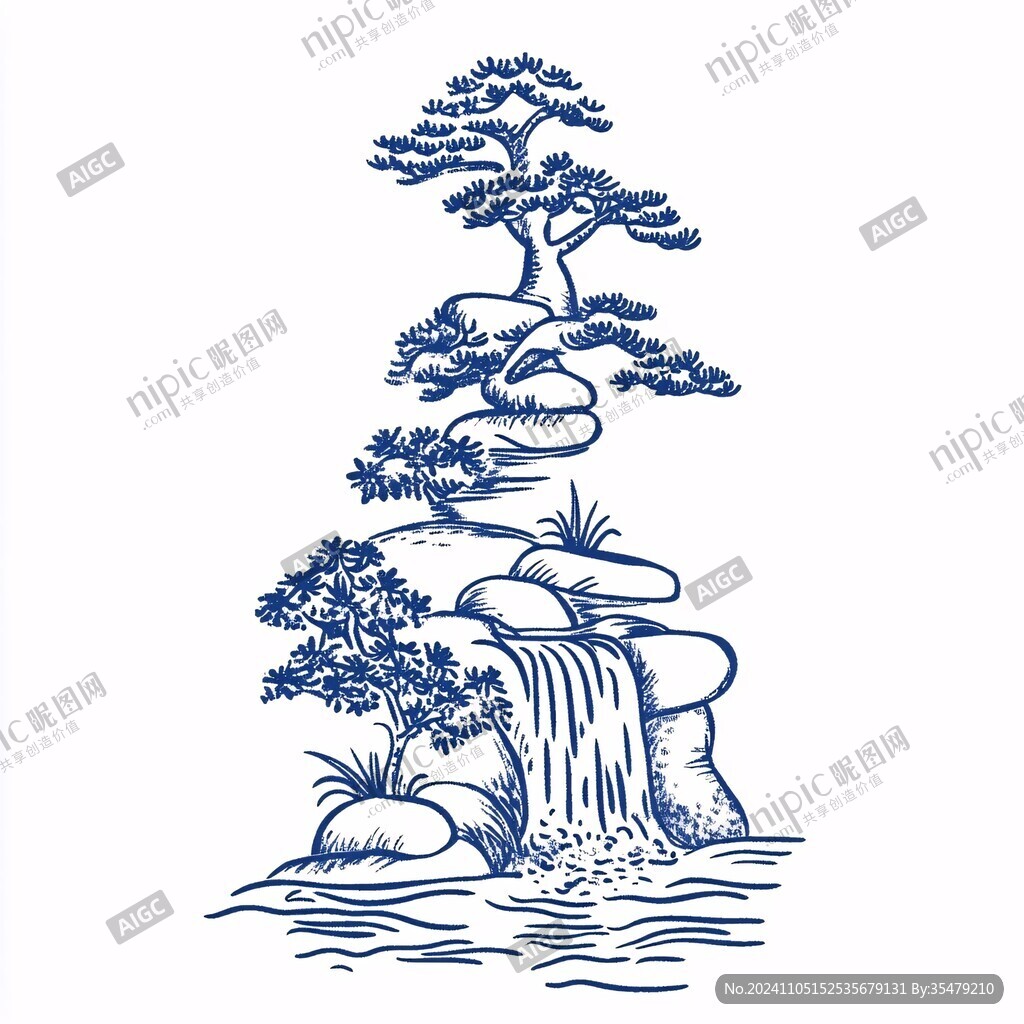 迎客松线描