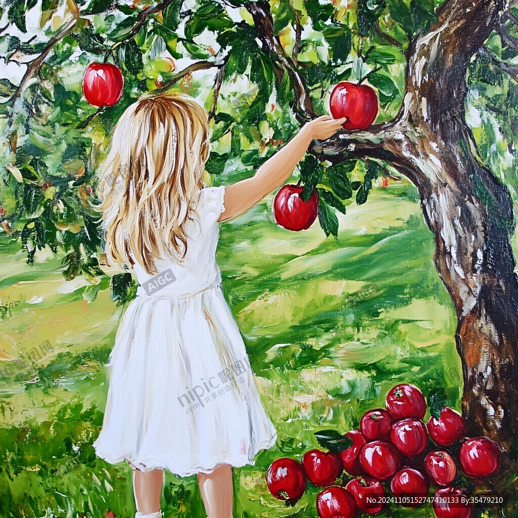 小女孩摘苹果插画