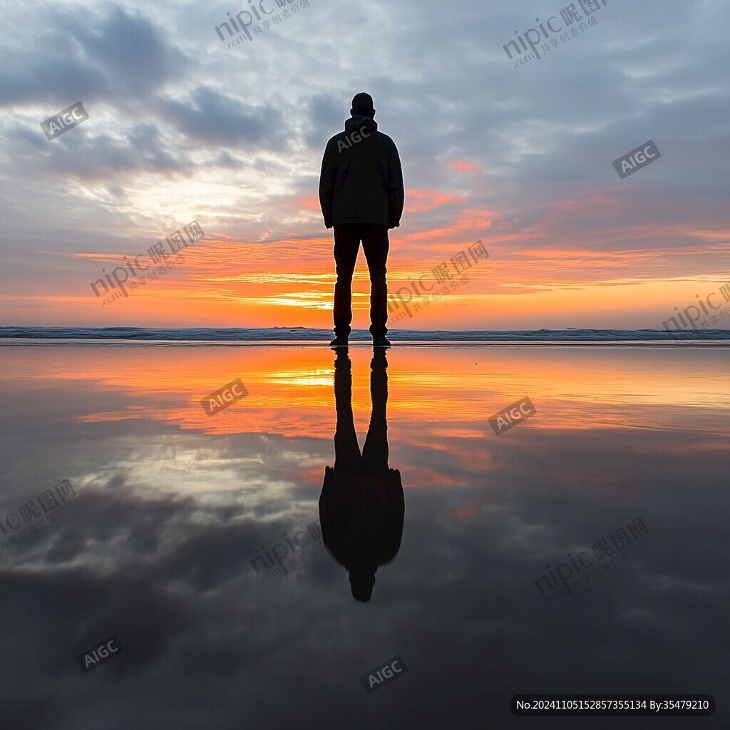 夕阳下大海边男人剪影