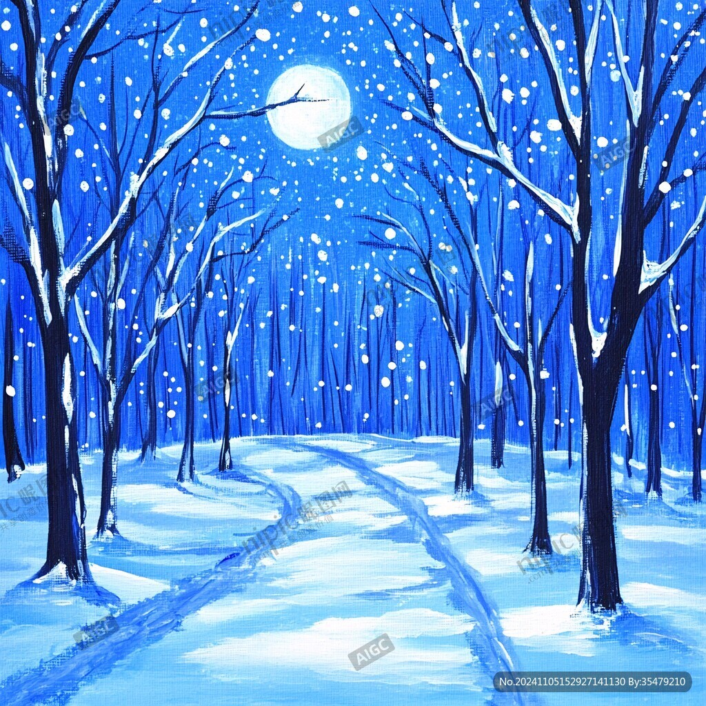 手绘雪夜风景无框画