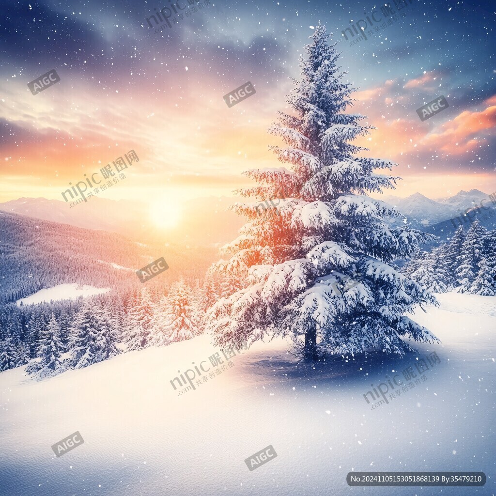 冬天森林夕阳雪景